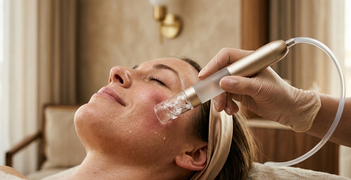 Aqua Facial-Behandlung mit Wasserstrahl-Tiefenreinigung und Feuchtigkeitspflege, Symbolfoto